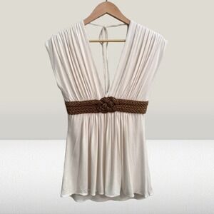 NEW Sky Women Deep V-Neck Top Braided Rope Belt Cream Large